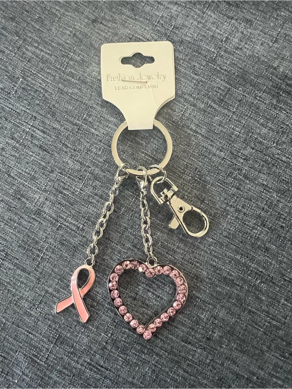 Fashion Jewelry Pink Ribbon & Pink Rhinestone Heart Charm Keyring